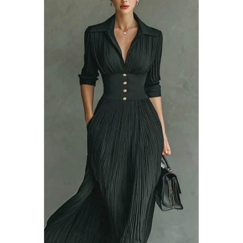 Modesees | Black Pleated Lapel Waist Maxi Dress with Pockets | Size XS
